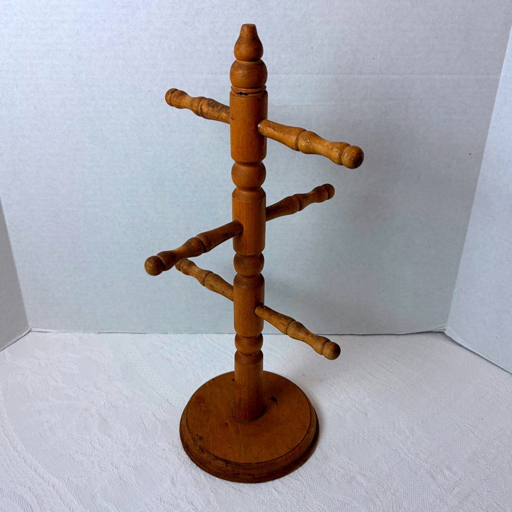 Vintage Wooden Mug Tree 6 Peg Countertop Coffee Cup Holder Jewelry Stand 15 inch